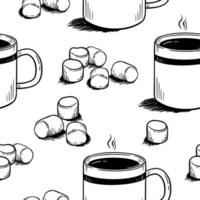 patrón con tazas de café y malvaviscos en estilo garabato en una ilustración de vector de fondo blanco