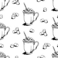 Pattern with coffee mugs and marshmallows in doodle style on a white background Vector illustration