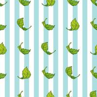 Seamless pattern with green leaves on light blue and white striped background. Endless texture with fresh spring foliage for your design vector