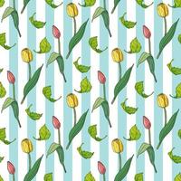 Seamless pattern with pink and yellow tulips and green leaves on light blue and white striped background. Endless texture with flowers and leaves for your design vector