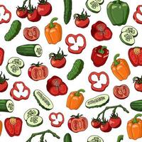 Seamless pattern with tomatoes, cucumbers and bell peppers. Endless pattern with different vegetables and vegetable slices on white background vector