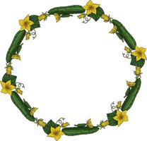 Round frame with cucumbers. Wreath with cucumbers, cucumber leaves and flowers on white background for your design vector