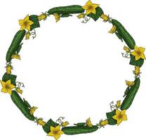 Round frame with cucumbers. Wreath with cucumbers, cucumber leaves and flowers on white background for your design vector