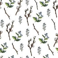 Seamless pattern with forget-me-nots and and willow branches. Endless pattern with festive romantic elements on white background for your season design vector