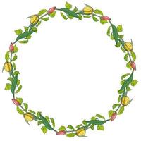 Romantic round frame made of pink and yellow tulips and green leaves. Spring floral wreath on white background for your design vector