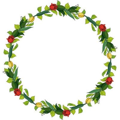 Romantic round frame made of red and yellow tulips, lilies-of-the-valley and green leaves. Spring floral wreath on white background for your design