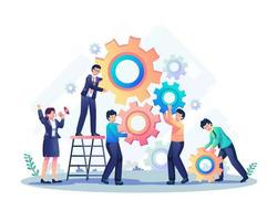 people putting together a series of cogwheels. business mechanism with gears. the business solution, teamwork, and process concept. Flat style vector illustration