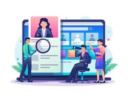 concepto de proceso de contratación en línea. gente de negocios que busca a los mejores empleados candidatos, buscadores de trabajo en una pantalla de computadora. ilustración vectorial de estilo plano vector