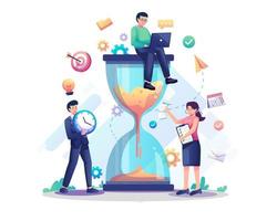 People are working near a giant hourglass. Business project time limit or Deadline. Time Management concept. Flat style vector illustration