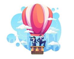 Business people flying in hot air balloons looking for new candidate employees. Hiring and recruitment concept. Flat style vector illustration