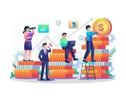 Business investment concept with people and dollar pile coin with graphic chart increase. Increasing income and investment to successful financial growth. Flat style vector illustration