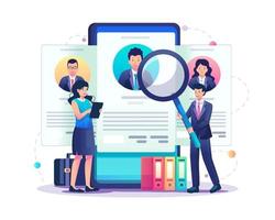 Online recruitment concept with a businessman holds a big magnifier searching for new candidate employees from job seekers on a smartphone screen. Flat style vector illustration