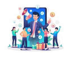 Refer a friend concept with businessman shout on megaphone come out from a big smartphone. Referral or Digital Marketing and Advertising. Flat style vector illustration