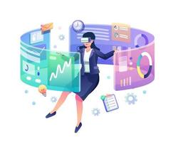 floating businesswoman wearing virtual reality glasses, touching and analyzing the business chart interface. Flat style vector illustration