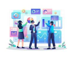 Business people wearing Virtual Reality glasses, touching and analyzing the business digital chart interface screen. Flat style vector illustration