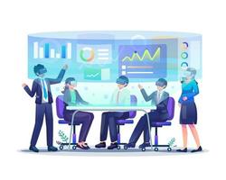 Business people wearing VR glasses in virtual reality meetings and conferences. Digital Interface Screen Presentation. Flat style vector illustration