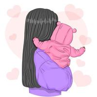 madre e hijo, pequeña hija en los brazos de la madre, vestida como un oso de peluche, concepto de maternidad y amor, ilustración vectorial de mamá, feliz tarjeta de felicitación del día de la madre. vector