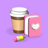 Coffee in a cardboard mug and a diary with a pencil, 3d vector illustration