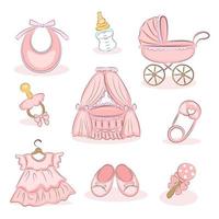 Set of pink color baby supplies for a girl, Baby clothes and accessories, motherhood concept, baby shower, vector set, isolated elements