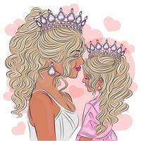 mamá e hija se aman en una corona glamorosa, hermosos vestidos en mamá e hija, coronas en sus cabezas, ilustración realista que representa a mamá e hija como reina y princesa, vector