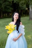 Pregnant woman in a hat posing in a dress on a background of green trees. photo