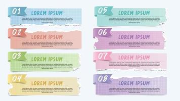 Realistic long colorful torn ripped paper sheets collection with washi tape. vector