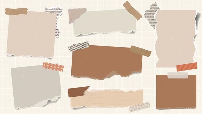 Realistic Brown torn ripped paper sheets collection with washi tape.