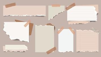 Realistic Brown torn ripped paper sheets collection with washi tape. vector