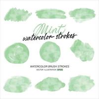 Green mint watercolor splash and brush stroke clipart collection for decoration. vector