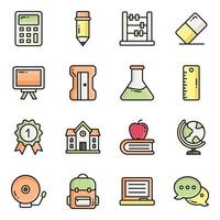 conjunto de iconos de vector de línea de color, en educación de diseño plano, escuela, colección de pictogramas modernos y universidad con elementos para conceptos móviles y aplicaciones web.