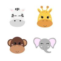 Set of cute hand drawn smiling animals - giraffe, elephant, zebra and monkey. Cartoon zoo. Vector illustration. Animals for the design of children's products in scandinavian style.