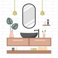 Modern bathroom interior. Cozy white room with oval mirror and black sink. vector