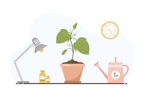 Seedling of cucumbers in a pot. Growing gardening plants. Vegetarian and ecological products. Vector illustration in flat cartoon style. Plant care concept