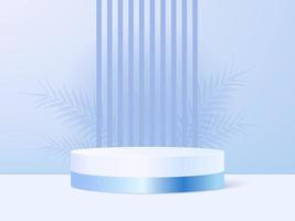 Product display stand in blue pastel background with shadow leaves. Abstract minimal scene to presentation or show cosmetic. Vector realistic podium. 3d render