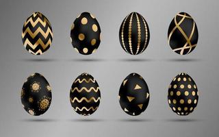 Easter black eggs set. Luxury eggs with different gold and white ornament. Spring holiday. Realistic vector illustration. For greeting card, promotion, poster, flyer, web banner, social media