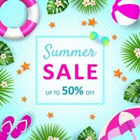 Summer Sale banner, hot season discount poster with tropical leaves, ice cream, watermelon and sunglasses. Invitation for shopping with 50 percent off. Special offer card, template for design.