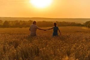 Adult farmer and wife spend time in the field. The man is sitting. A woman stands next to him and hugs him. A woman kisses her husband on the head. photo