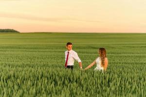 Bride and groom in a wheat field. The couple hugs during sunset photo