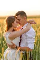 novia y novio en un campo de trigo. la pareja se abraza al atardecer foto