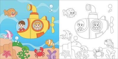 coloring kids driving a submarine vector