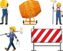 Set of construction site objects and workers vector