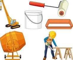 Set of construction site objects and workers vector