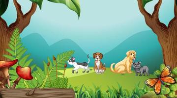 Set of different domestic animals in nature park vector