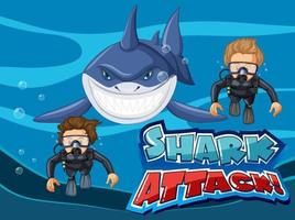 Font design for shark attack with divers and shark vector