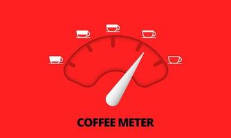 indicador de café, escala y flecha con taza de café blanca sobre fondo rojo. termómetro de café, básculas de pasión por la cafeína, indicador de medición para el concepto de medidor de amantes del café. elemento de diseño vector. vector