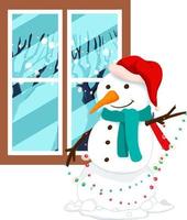 Snowman with lights by the window vector