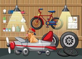 Dogs driving car in garage vector