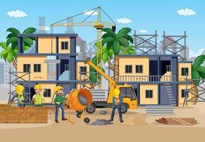 sitio de construcción de edificios con trabajadores vector