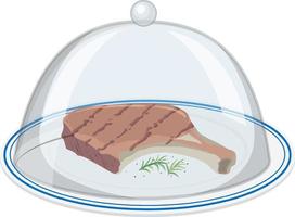 Porkchop on round plate with glass cover on white background vector