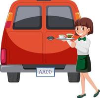 Woman serving coffee behind the van vector